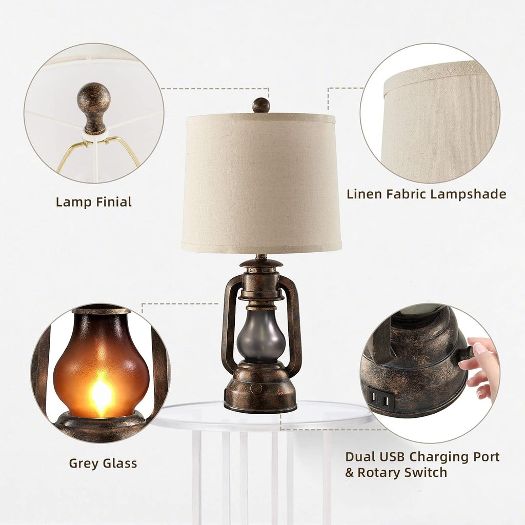 Farmhouse Lantern Table Lamps for Living Room Set of 2, Vintage Bedroom Resin Lamp with Dual USB Charging Ports, Rustic Retro Bedside…