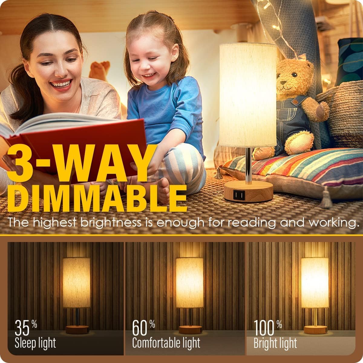 Yarra-Decor Bedside Table Lamp with USB Ports - Touch Control for Bedroom 3 Way Dimmable Nightstand Lamp with Round Fabric Shade for…
