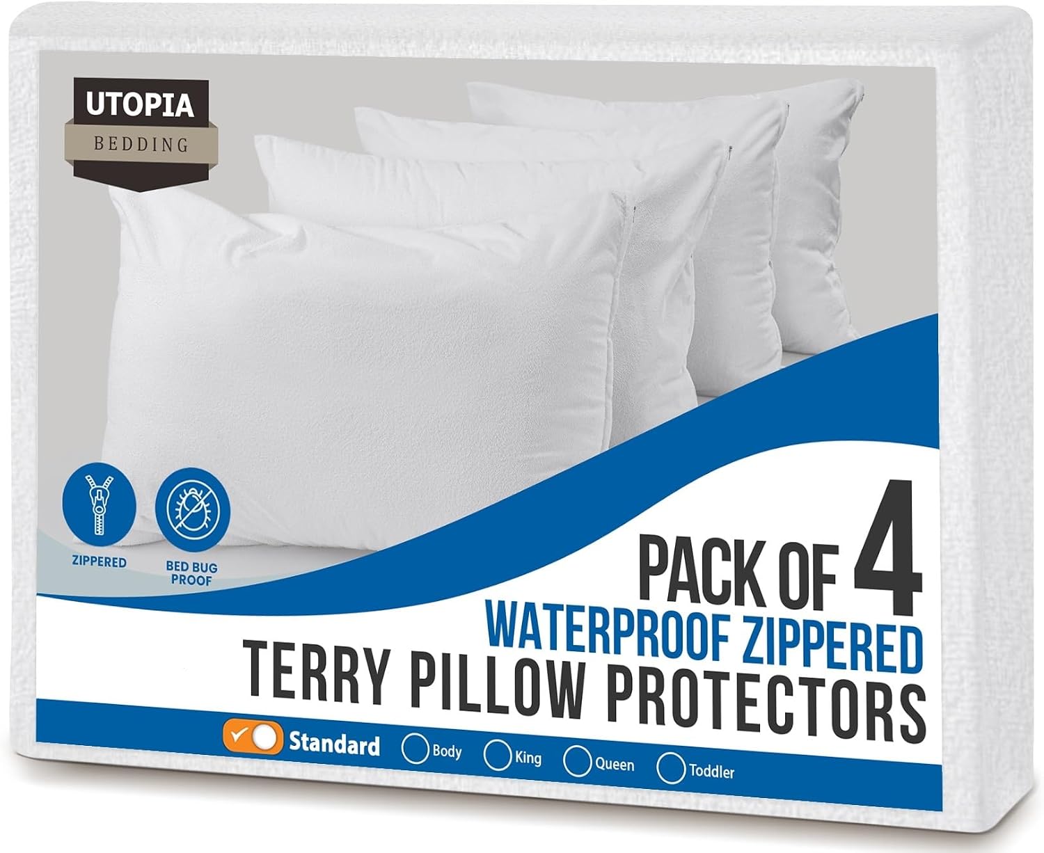 Utopiabedding Utopia Bedding Set of 4 Waterproof Pillow Protectors with Zipper Standard Size, Terry Pillow Covers, Bed Bug and Dust Mite Pr…