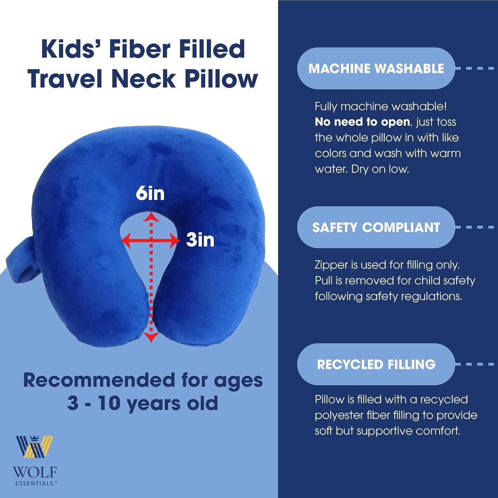 Wolf Essentials Kids Travel Neck Pillow - Cozy Soft Microfiber, Compact Design for Airplane, Car Seat, or Toddler Travel Support – Pink