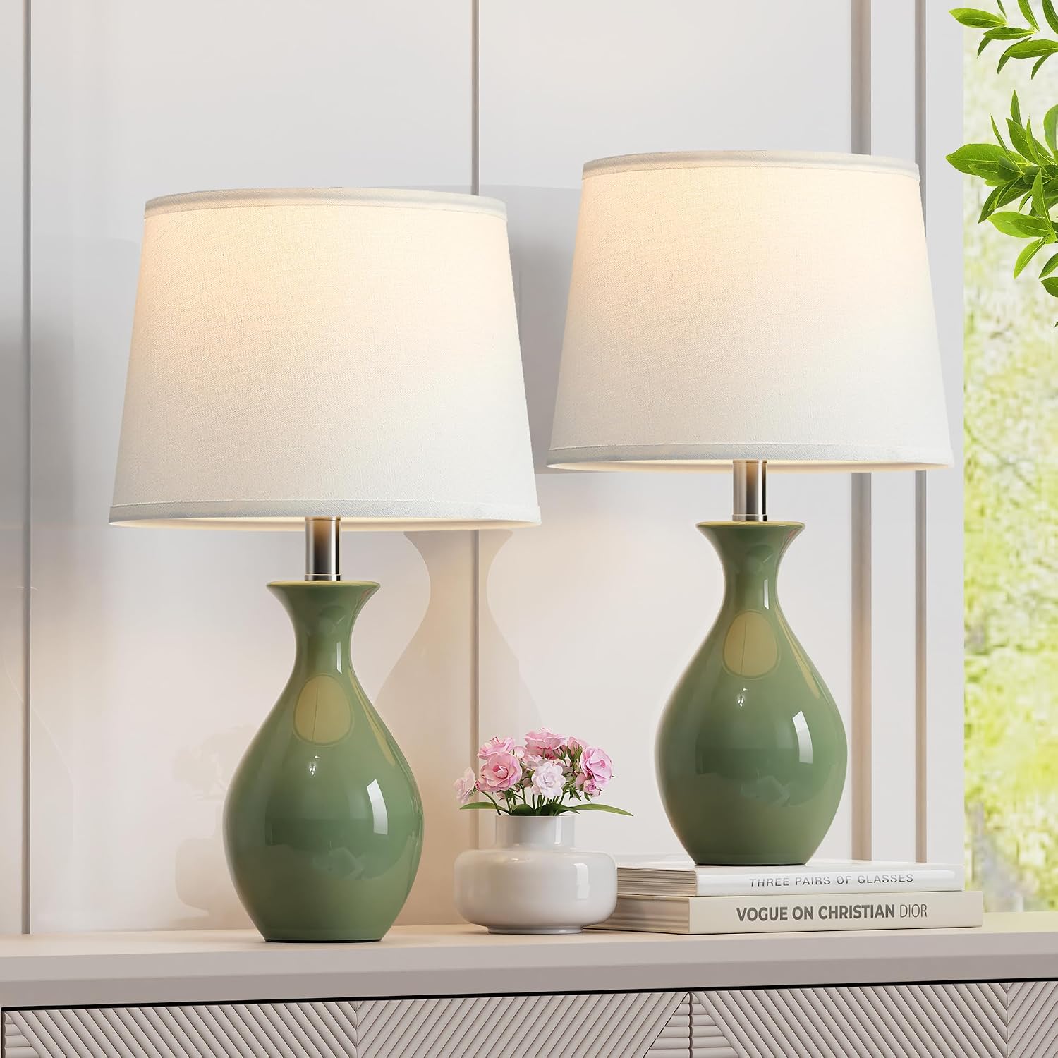 PARTPHONER Table Lamp Set of 2, Modern Ceramic Bedside Lamps for Night Stands, Classic Small Lamp Nightstand Lamp for Bedroom Living Room…