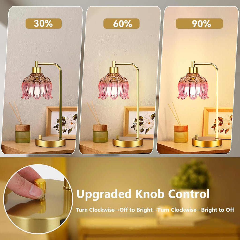 ILLMTW Pink Table Lamp Set of 2, Small Gold Bedside Lamps Dimmable Boho Bedroom Lamp with Tulip Flower Glass Lamp Shade, Vintage Mid…