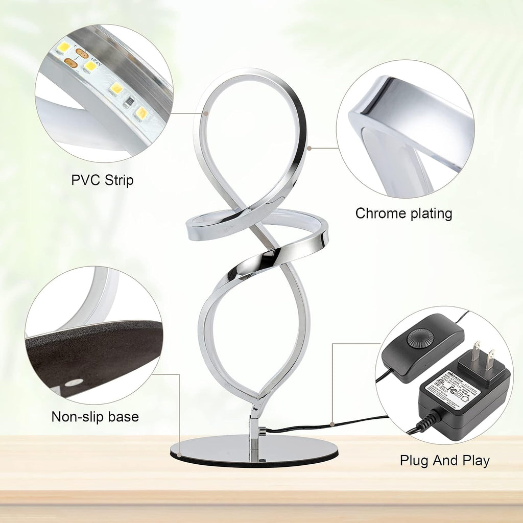 Mayful Modern Table Lamp with LED Unique Spiral Design, Small Nightstand Lamp with Stepless Dimming Switch, Chrome Bedside Lamps for…