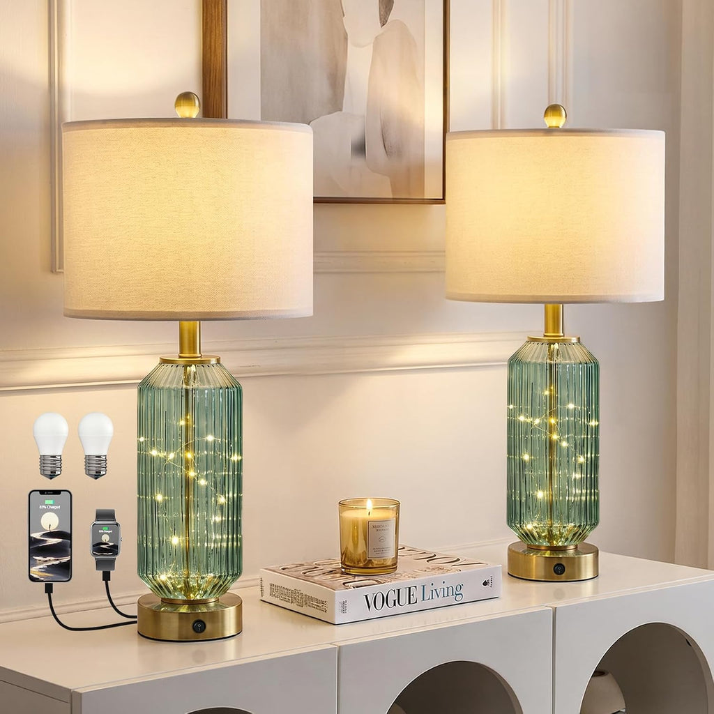 Oneach 24.5" Bedside Table Lamps Set of 2, Green Glass Nightstand Lamps with USB A+C Charging Ports and Night Light, Gold Modern Lamps…