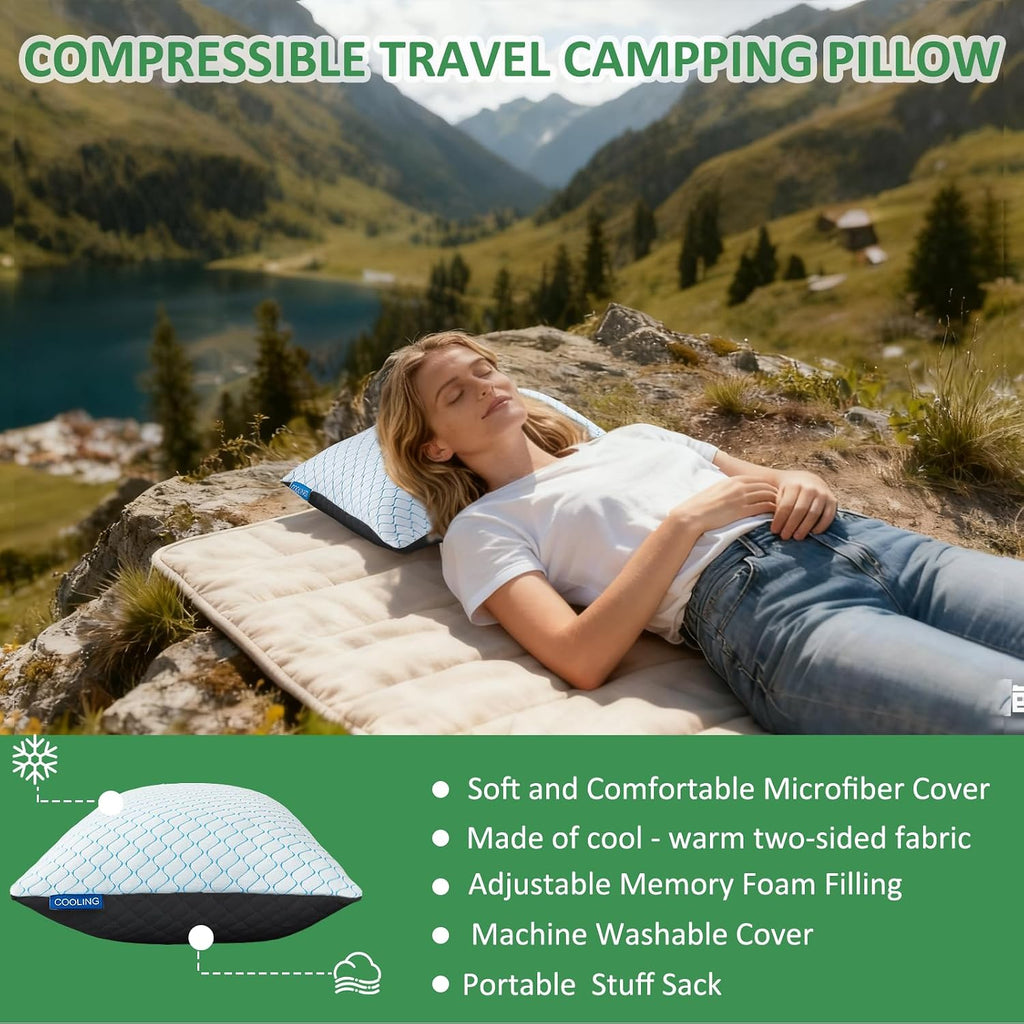 Gehannah Travel Pillow - Large 1 Pack Compressible Camping Pillow for Sleeping - Shredded Memory Foam with 1 Storage Bags - Supportive for…