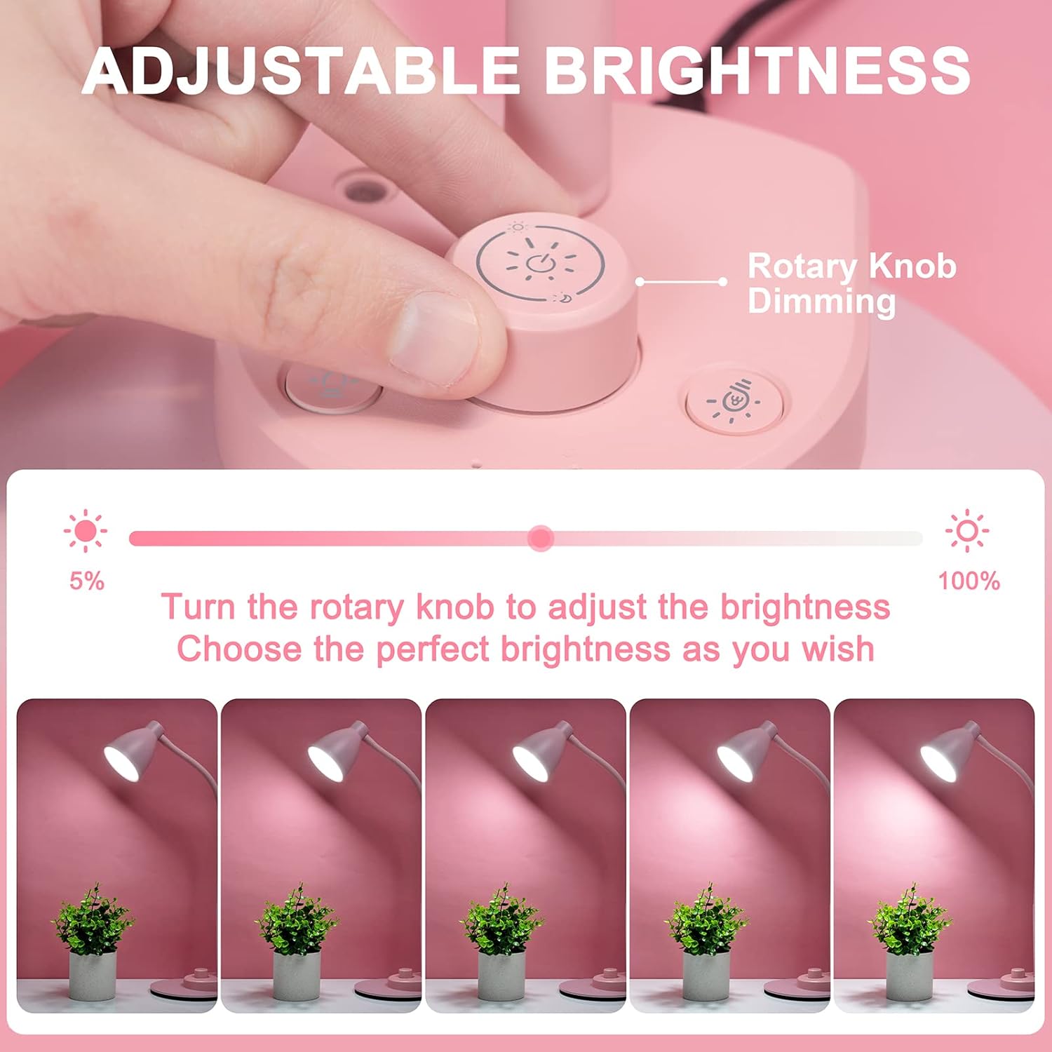 BOHON Cute Desk Lamp with USB Charging Port, Pink Lamp 3 Color Modes Dimmable LED Reading Lamp, Flexible Neck Auto Dimming Table Task…