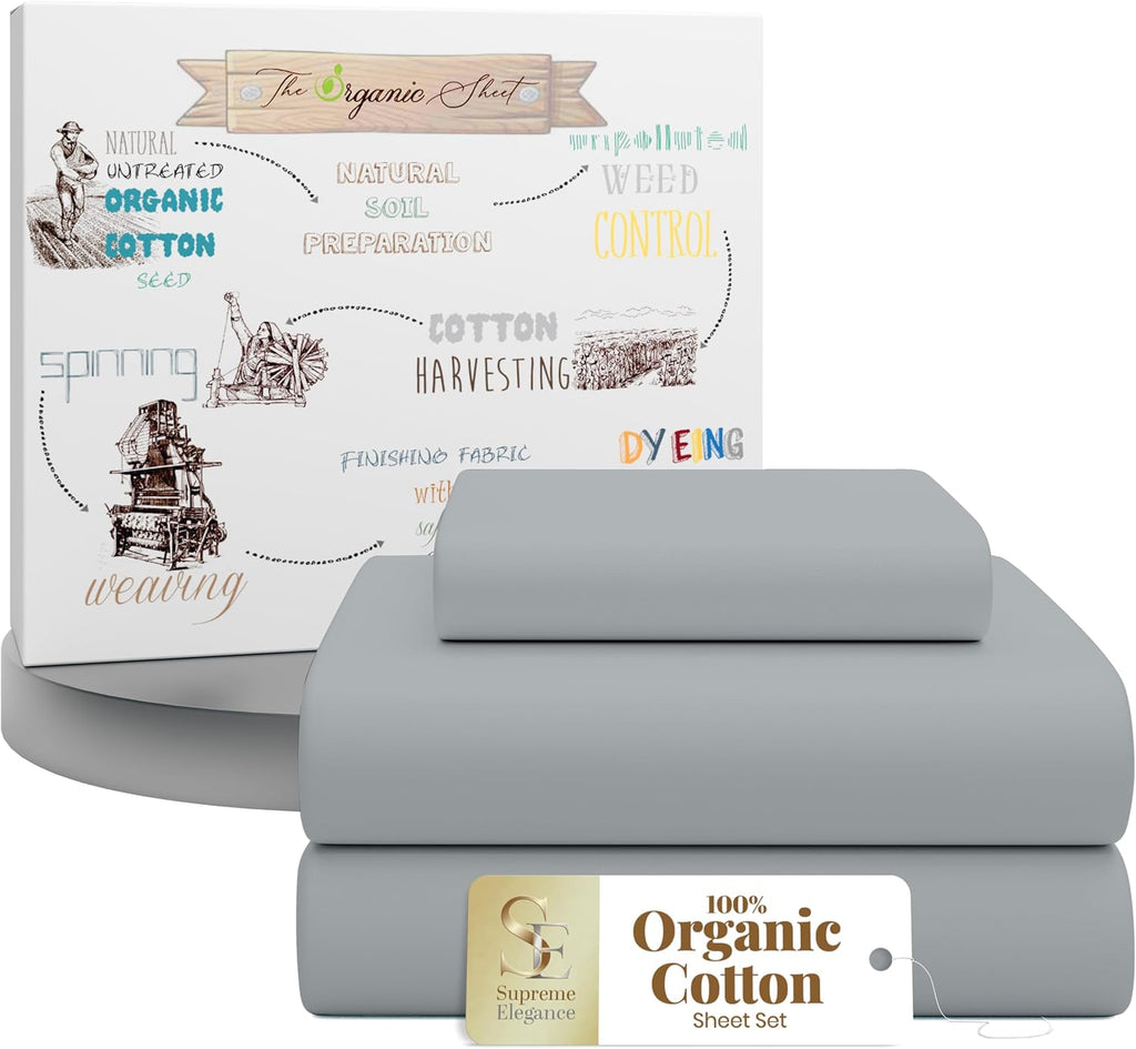 SupremeElegence Supreme Elegance 100% Organic Cotton Twin Sheets Set (3 Pieces), Percale Weave, Cooling Sheets for Hot Sleepers, Crisp, Bre…