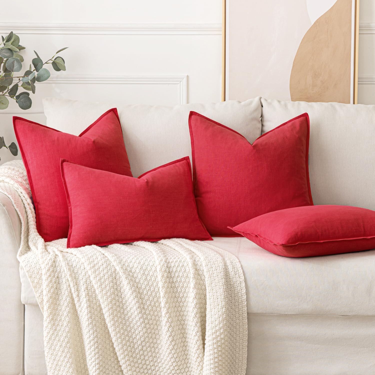 MIULEE Decorative Linen Pillow Covers 20x20 Inch Red Boho Farmhouse Neutral Couch Throw Pillows for Bed Pack of 2 Accent Modern…