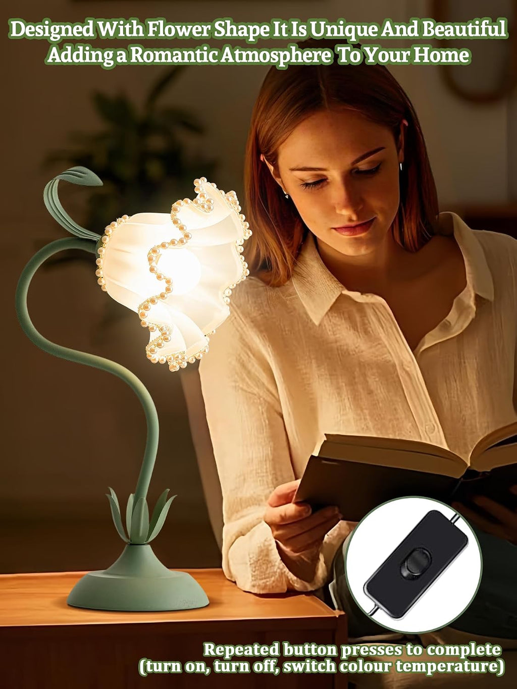 Flower Table Lamp Bedside Lamps LED Reading Light,3 Color Modes Cute Small Lamp, Vintage Flower Lamp Kawaii Table Lamp for Bedroom Living…