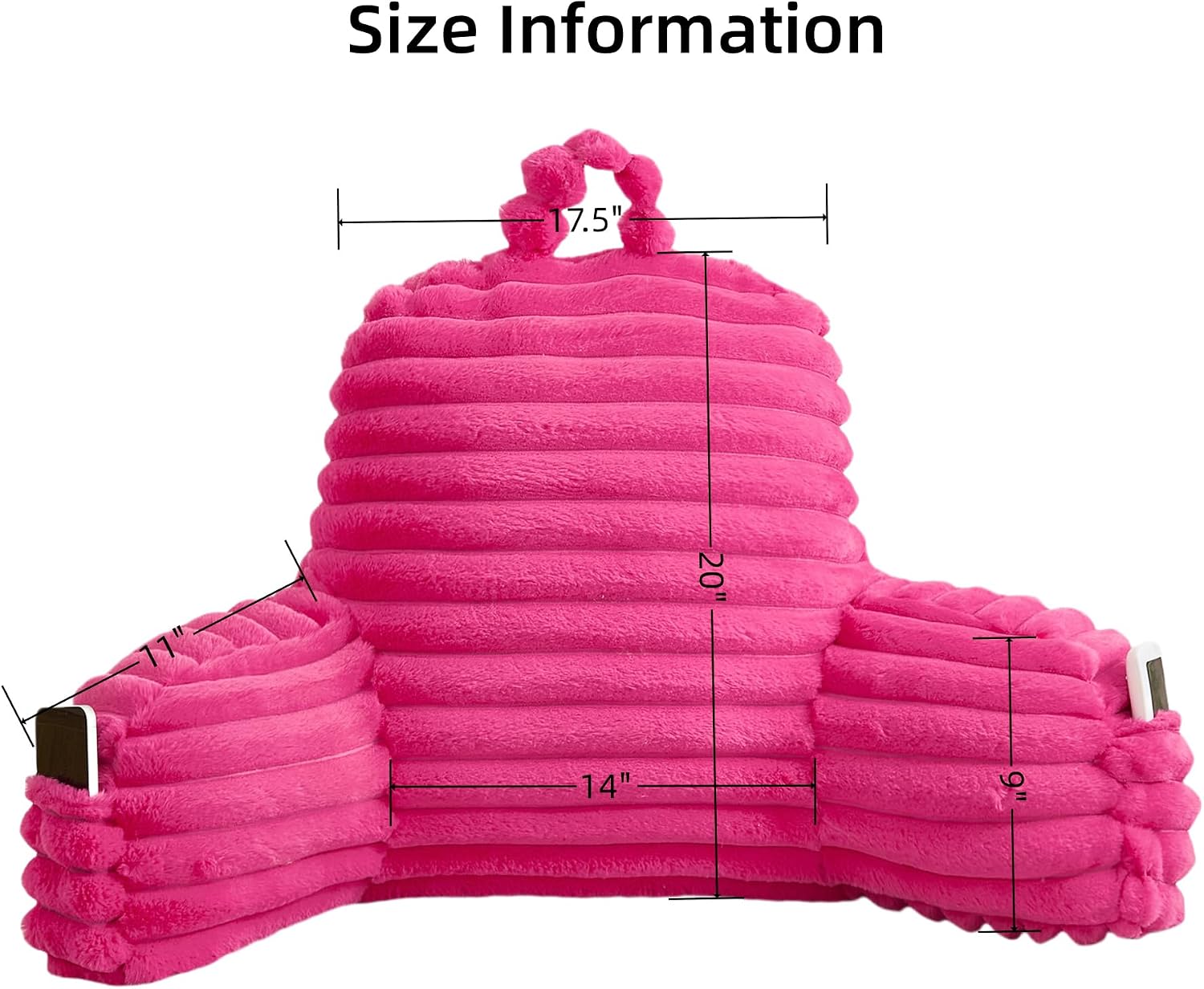 Memfydu Faux Fur Fluffy Hot Pink Reading Pillow with Pockets, Luxury Striped Plush Decorative, Arm Rests and Back Support for Bed Rest, Lou…