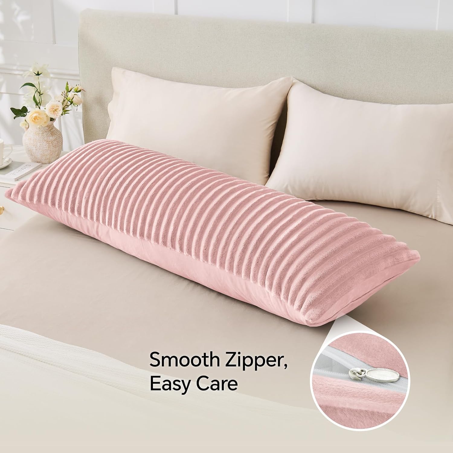 Bedelite Fluffy Faux Fur Body Pillow Cover with Zipper, Luxury Plush 3D Striped Pillow Cover 20x54 Inches, Super Soft and Cozy Long Body Pi…