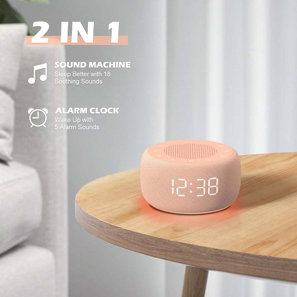 Buffbee Sound Machine & Alarm Clock 2-in-1, 0-100% Clock Face Brightness, Bottom Colored Light, Sleep Timer, Precise 30-Level Volume…