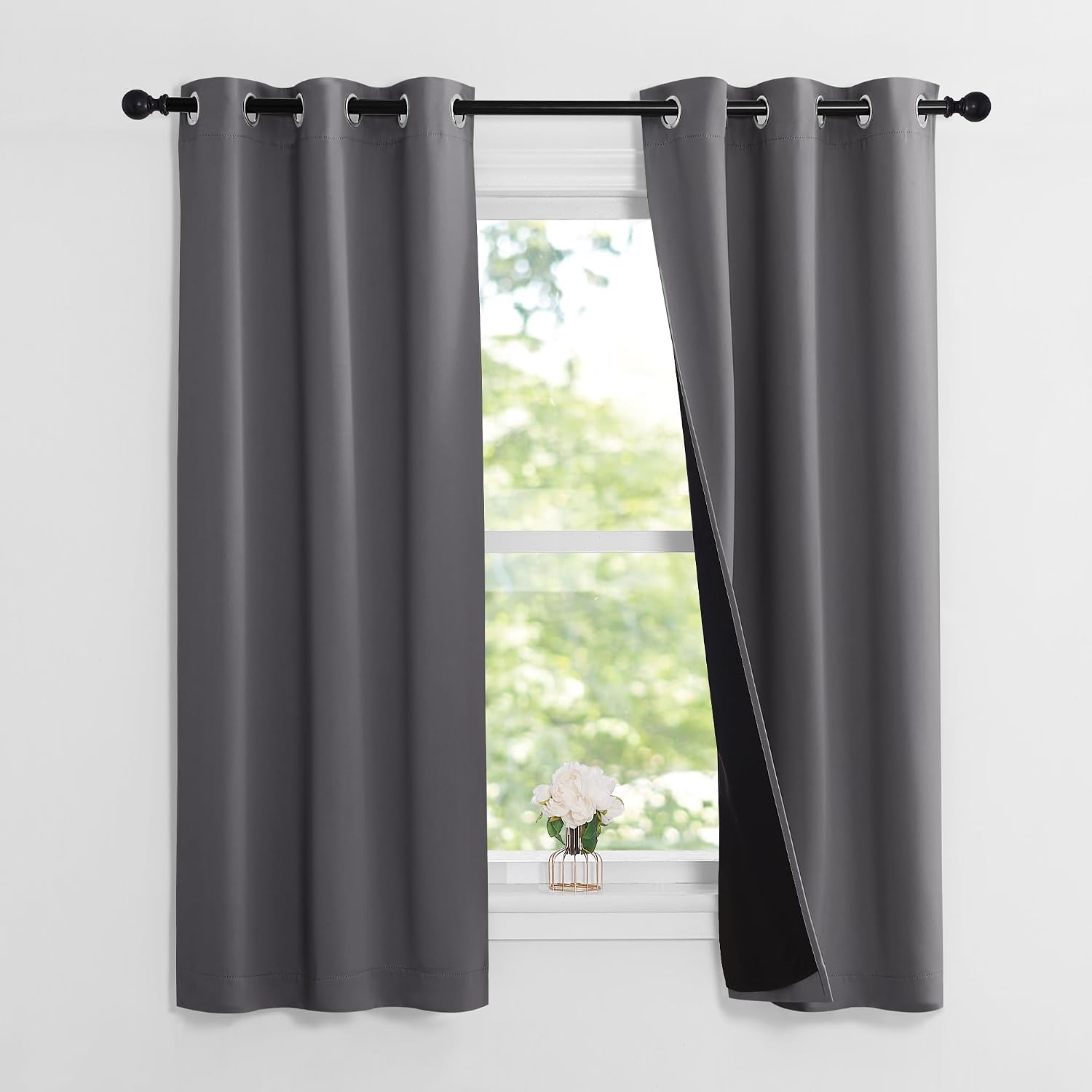 Nicetown 100% Blackout Short Curtains with Black Liners, 2 Panels, 37" W by 60" L, Grey, Solid Thermal Insulated Full Blackout 2-Layer Line…