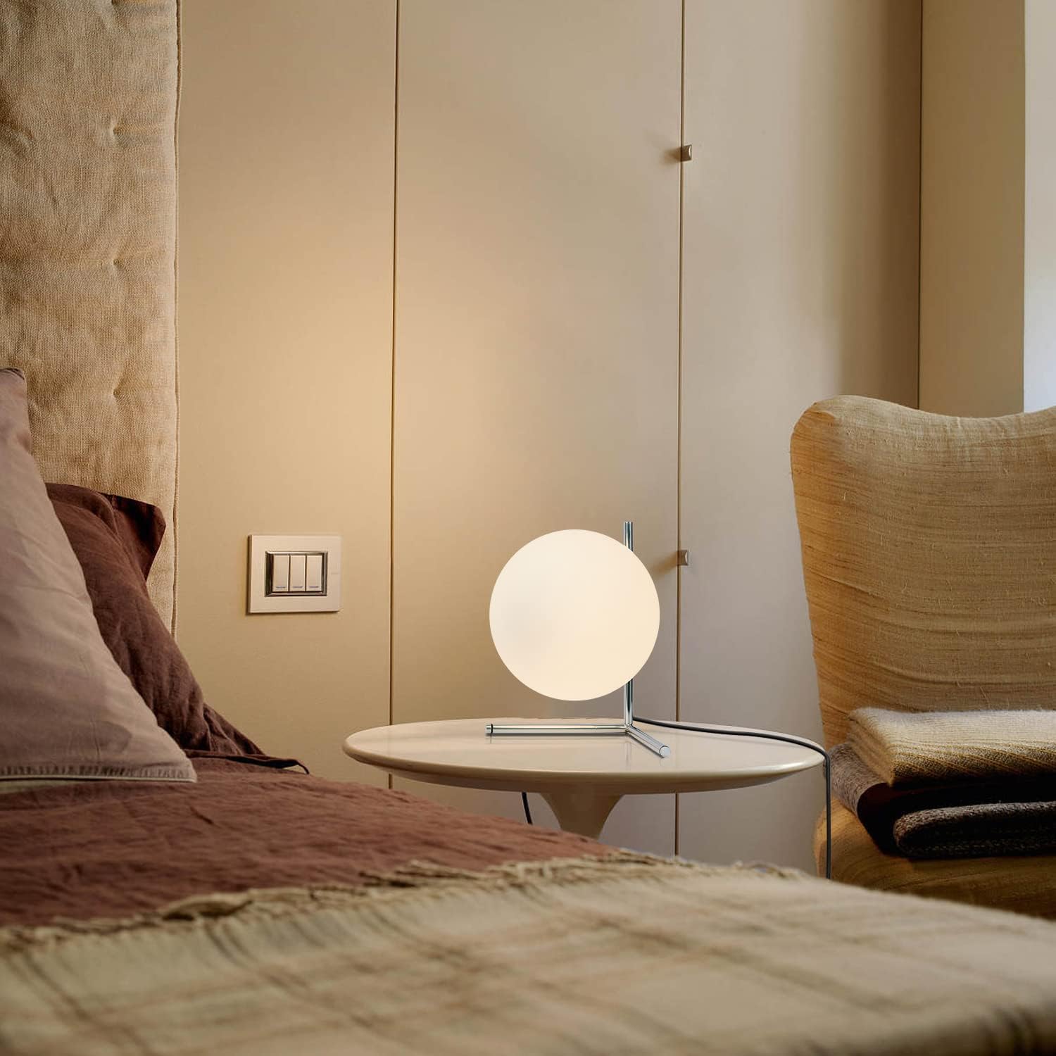 BOKT Modern Globe Table Lamp Chrome Simple Desk Lamp Bedside Nightstand Small Lamp Nordic Creative Design White Glass Ball Reading Lights…
