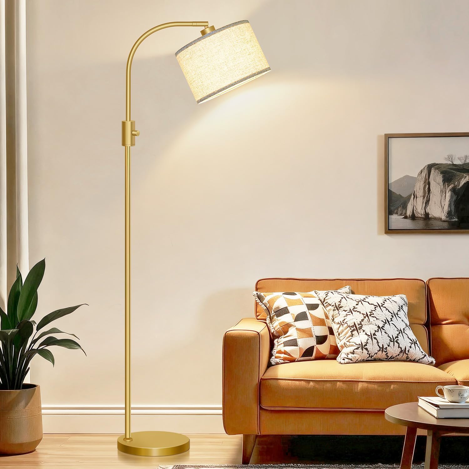 Nintiue Upgraded Modern Arc Dimmable Tall Standing Floor Lamp with Linen Shade, 1200 Lumens LED Bulb Included, for Living & Reading Room…