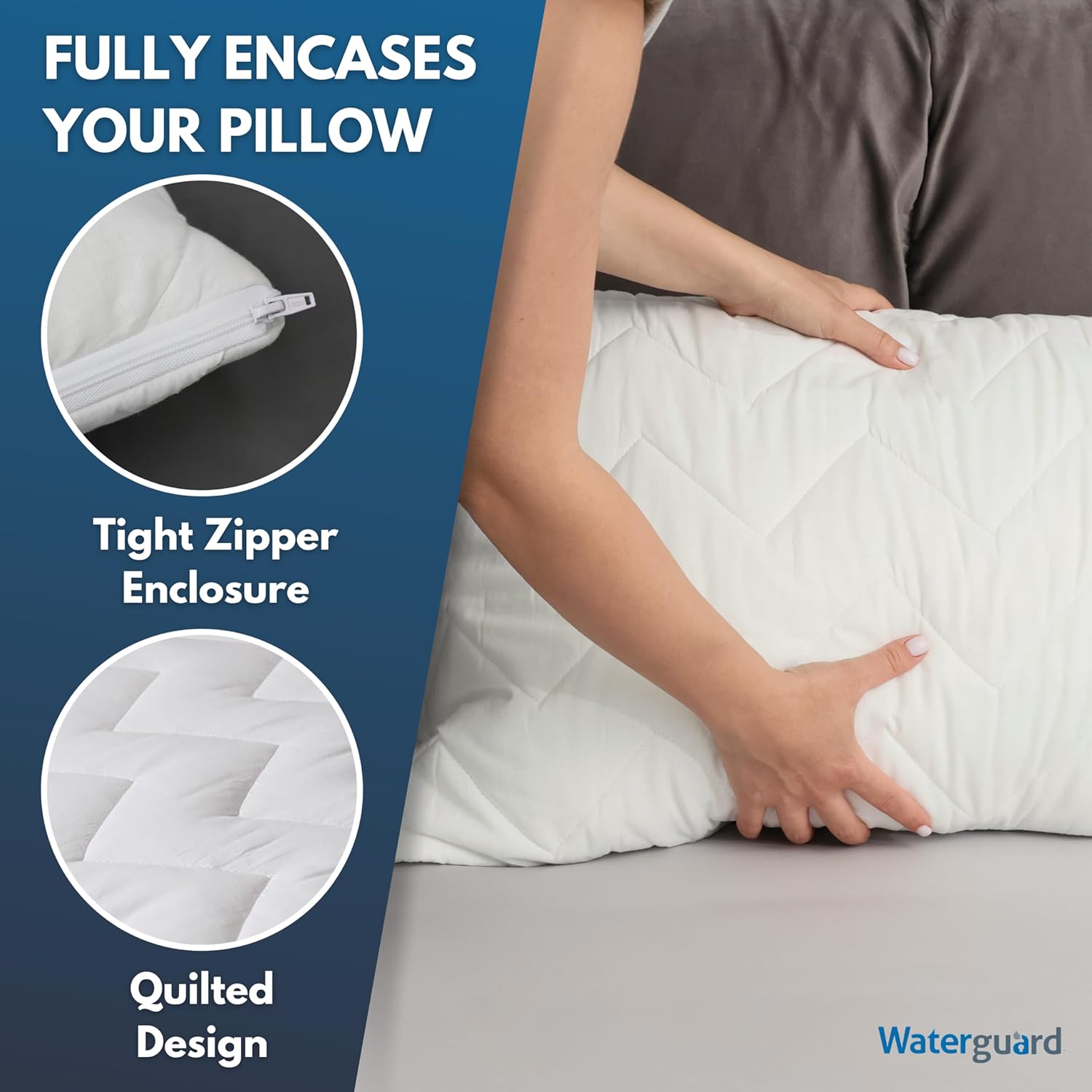 Waterguard Waterproof Pillow Protectors Quilted, Zippered Pillow Cases, 100% Cotton Top, Microfiber Filled Pillow Covers, Queen Size…