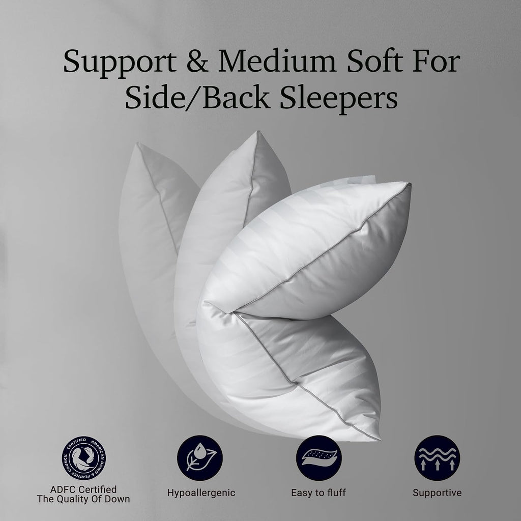 Hotel Grand Bed Pillows Standard Size Set of 2 Packs - 500 Thread Count 100% Cotton Medium Firm Hypoallergenic Feather Down Pillows…