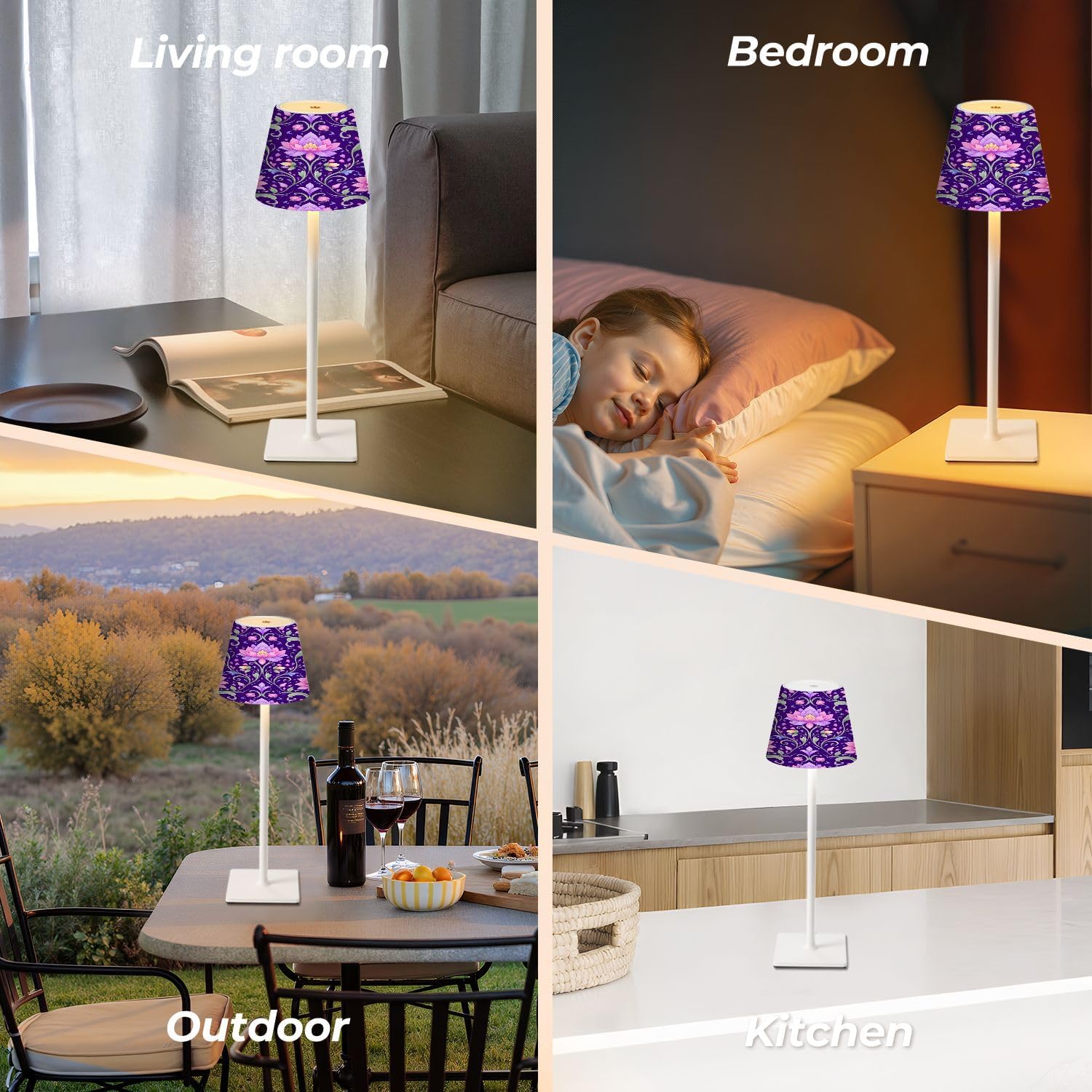 Cordless Mahjong Lamp Pink Lotus Floral Deep Purple Ornamental Vines Small LED Lamp 3 Color Dimmable Rechargeable Lamps for Mah Jong…