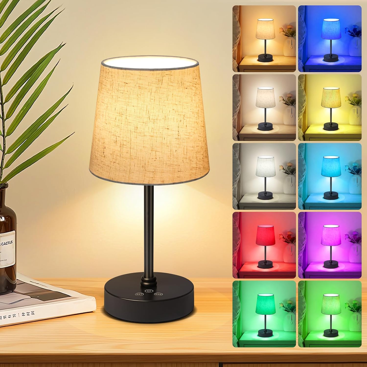 Wowag Small Cordless Table Lamp,5000mAh Rechargeable Battery Operated Desk Lamp,3 Colors & 7 RGB Stepless Dimmable, Portable Touch Fabric…