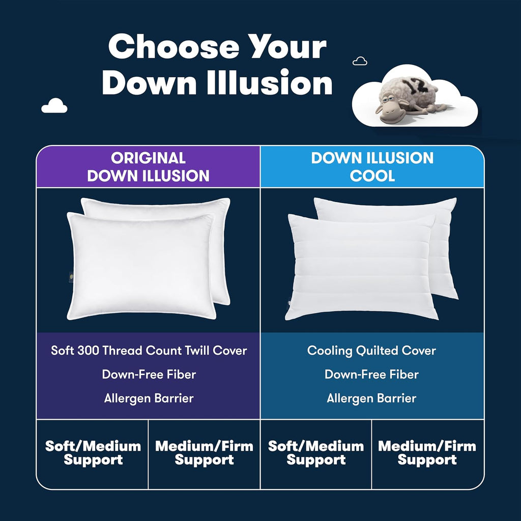 Serta Down Illusion Soft Hypoallergenic Medium/Firm Bed Pillows for Side, Stomach or Back Sleepers (2 Pack), Queen, White 2 Pack cotton Whi…
