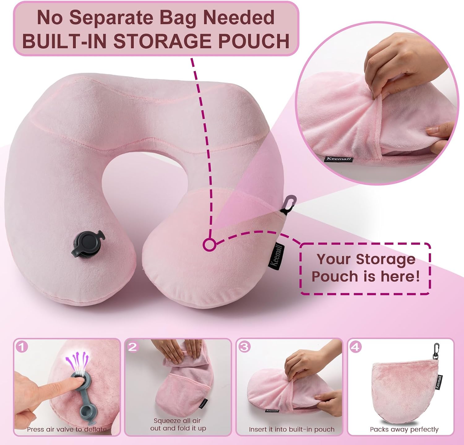 Keemall Inflatable Travel Pillow, Premium Soft Pink Velvet Neck Pillow, Washable Lightweight Portable Travel Essentials for Flight Road…