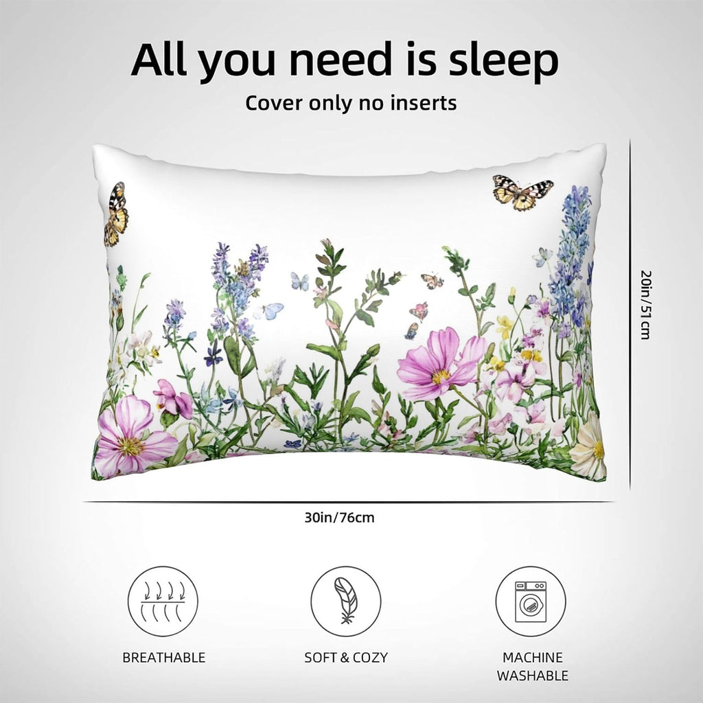 Satin Pillowcase for Hair and Skin Watercolor Wildflowers Butterfly Super Soft and Cooling Similar to Silk Pillow Case 1 Pack with Hidden…