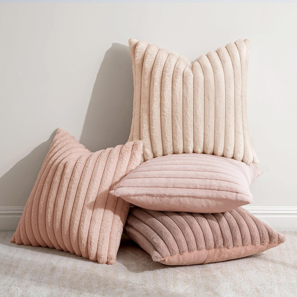 Miulee Faux Fur Plush Decorative Throw Pillow Covers 18x18 Set of 4, Valentine's Day Cute Modern Soft Romantic Fuzzy Striped Cushion Covers…