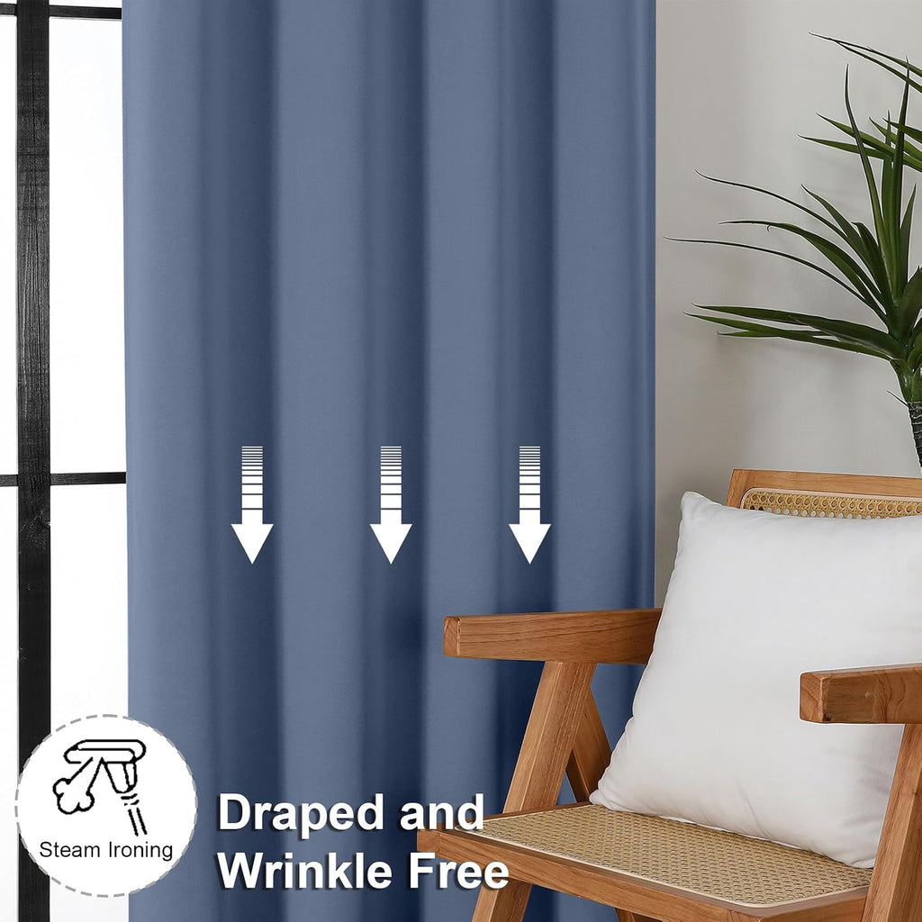 Simplebrand Ava Denim Blue Blackout Curtains for Bedroom 63 Inch Length 2 Panels, Solid Thermal Insulated Energy Saving Rod Pocket Window T…