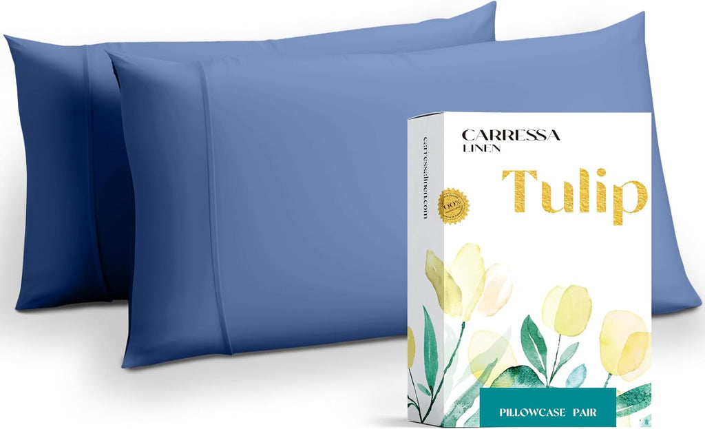 Carressa Linen Luxury Egyptian Cotton King Pillow Cases Set of 2-800 Series Tulips Collection Pillowcases for Sleeping (Deep Blue), Soft…
