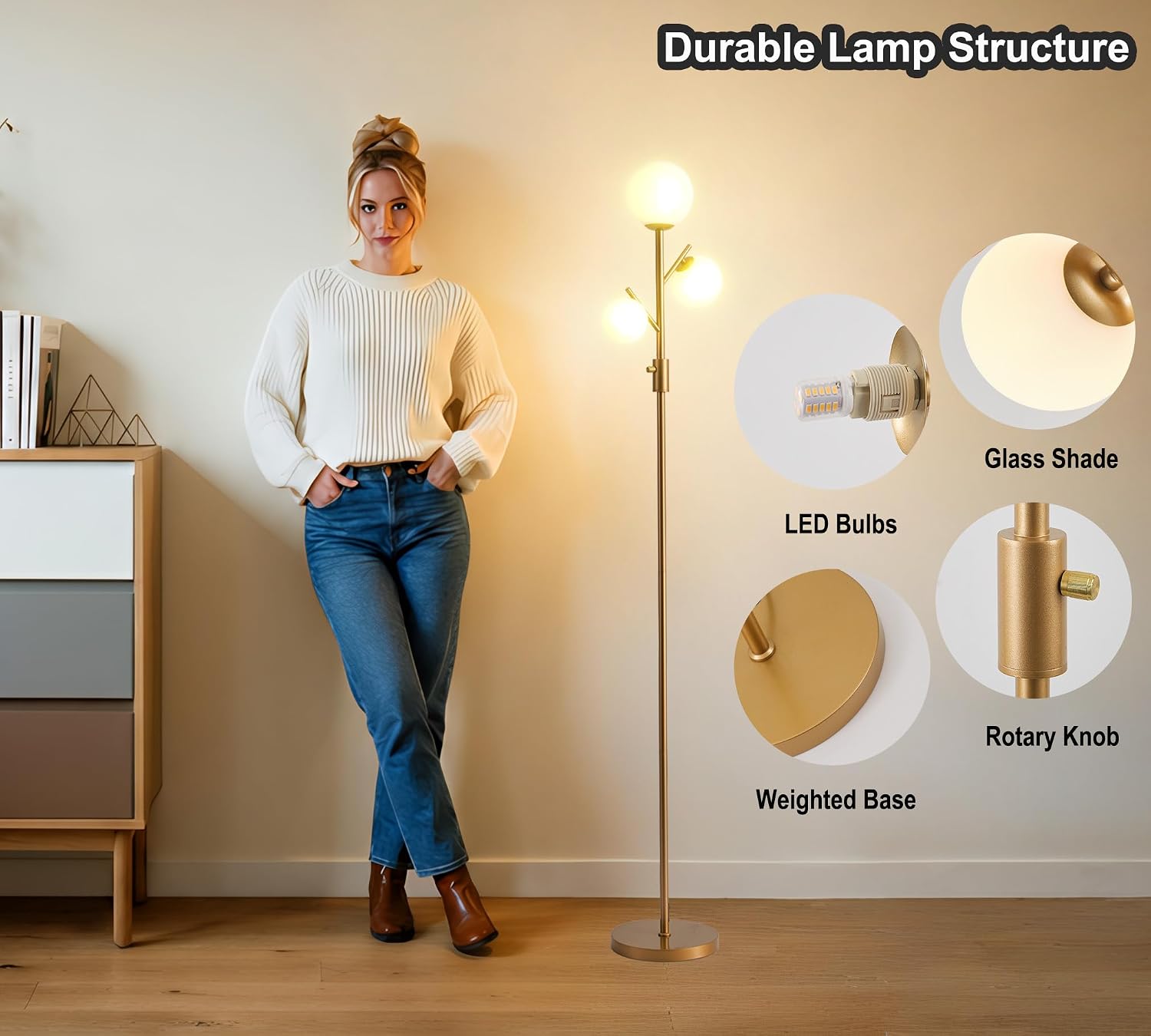 Fiqevs Mid Century Modern 3 Globe Tree Floor Lamp - Dimmable LED Standing Lamp with Bulbs, Warm Light for Living Room Bedroom Office…