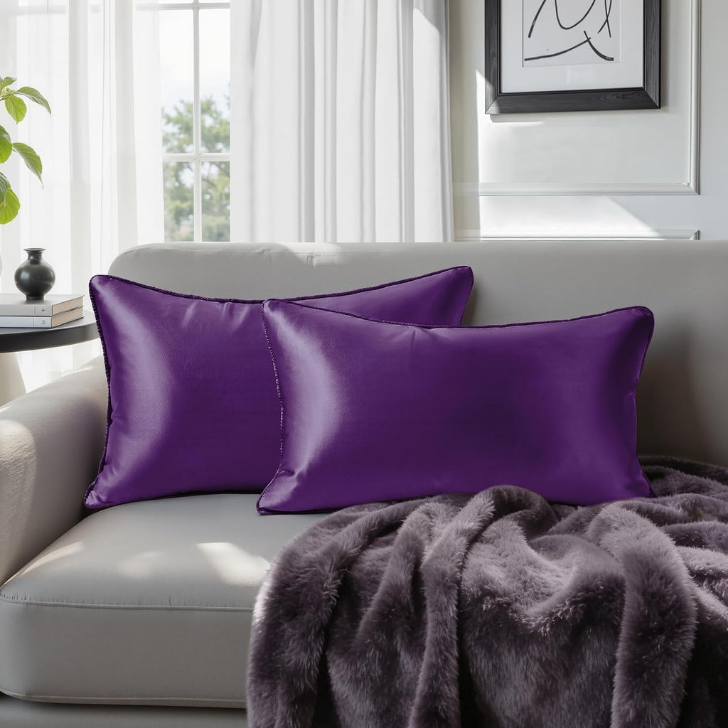 Homeideas Purple Decorative Throw Pillow Covers 20x12 Set of 2, Glossy Faux Silk Lumbar Pillow Covers for Couch Sofa Bed Decor Luxury Summe…