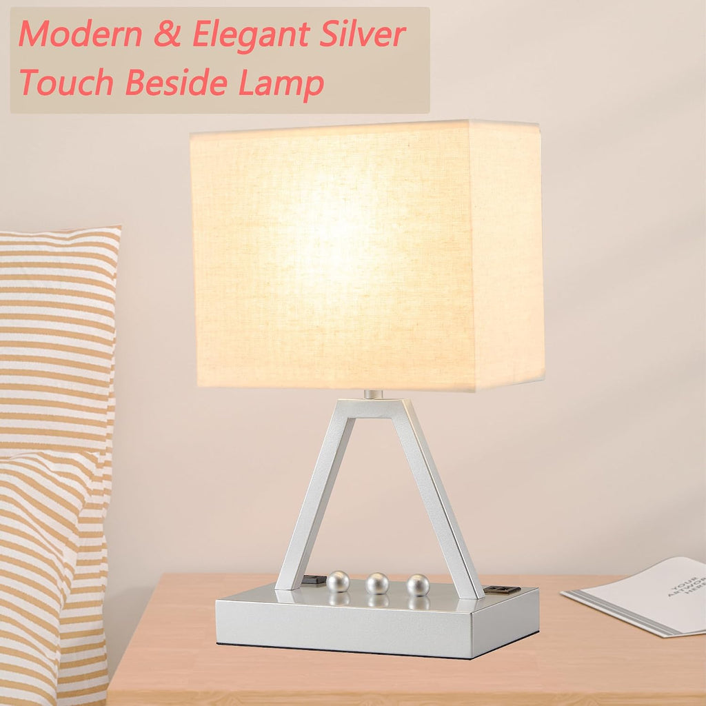 Briever Touch Control Table Lamp, 3-Way Dimmable Desk Lamp with USB C & A and AC Outlet, Bedside Lamp with Phone Stand and Fabric Shade for…