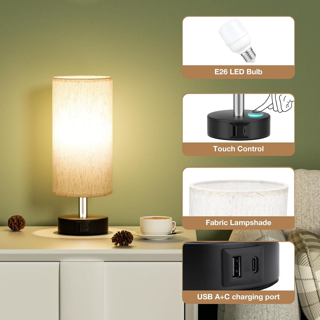 PartageiZ Small Touch Lamps Set of 2 - Table Lamps for Nightstand, Minimalist Bedside Lamps for Bedroom with 3000K Dimmable Bulbs