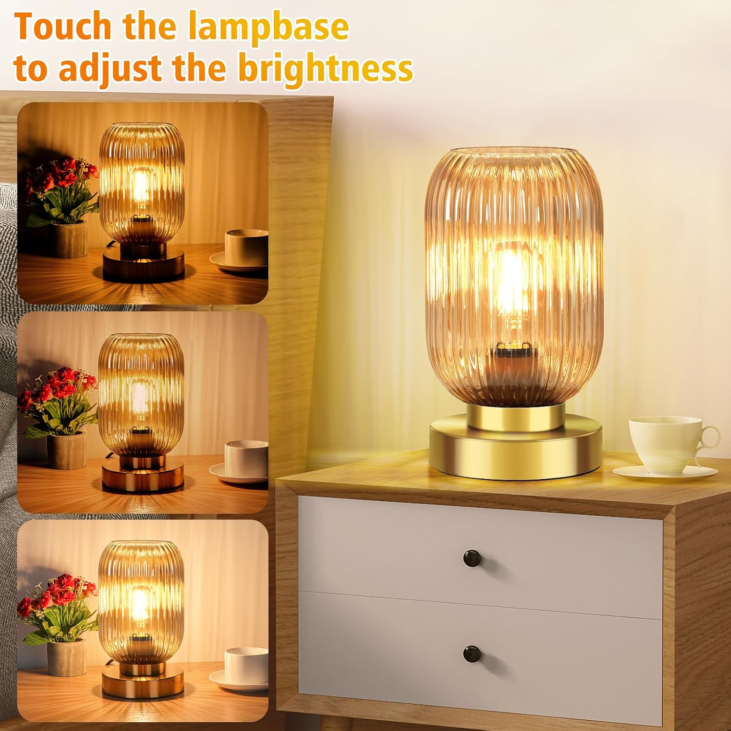 Mid Century Modern Table Lamp with Amber Ribbed Glass Shade, Touch Control & 3 Way Dimmable, Small Gold, Vintage Bedside Lamp for Bedroom…