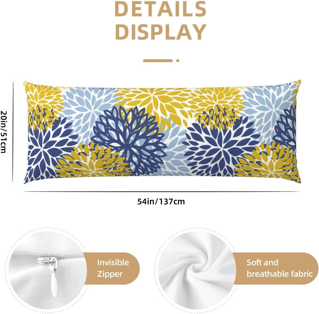 Sovvin Blue Yellow and Navy Chrysanthemum Flowers Body Pillow Cover Floral Long Pillow Case with Zipper Decorative Soft Cushion Bedd…
