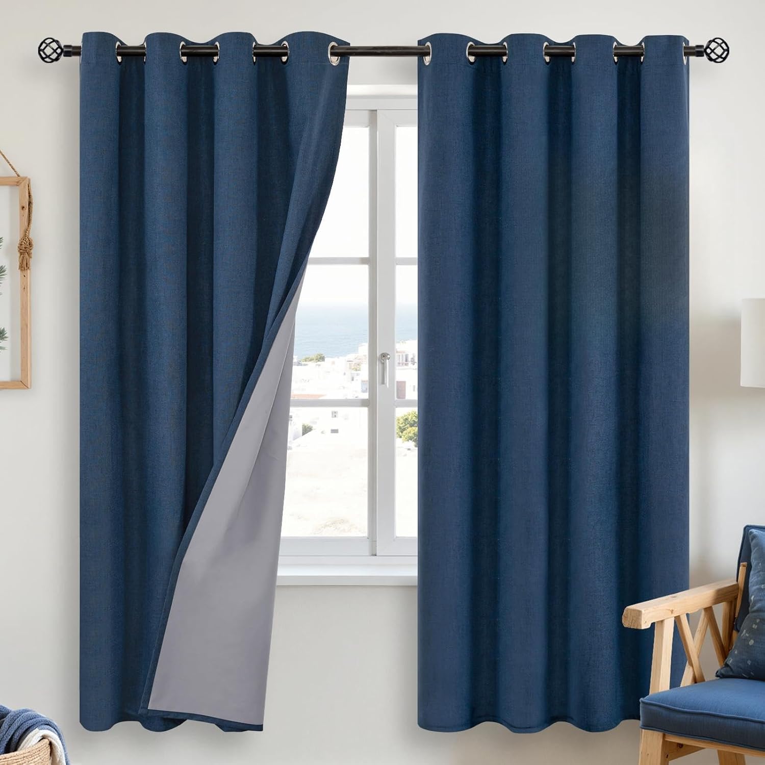 YoungsTex Navy Blue Linen Blackout Curtains for Bedroom, Full Light Blocking Drapes with Grommet for Living Room Windows Privacy Thermal In…