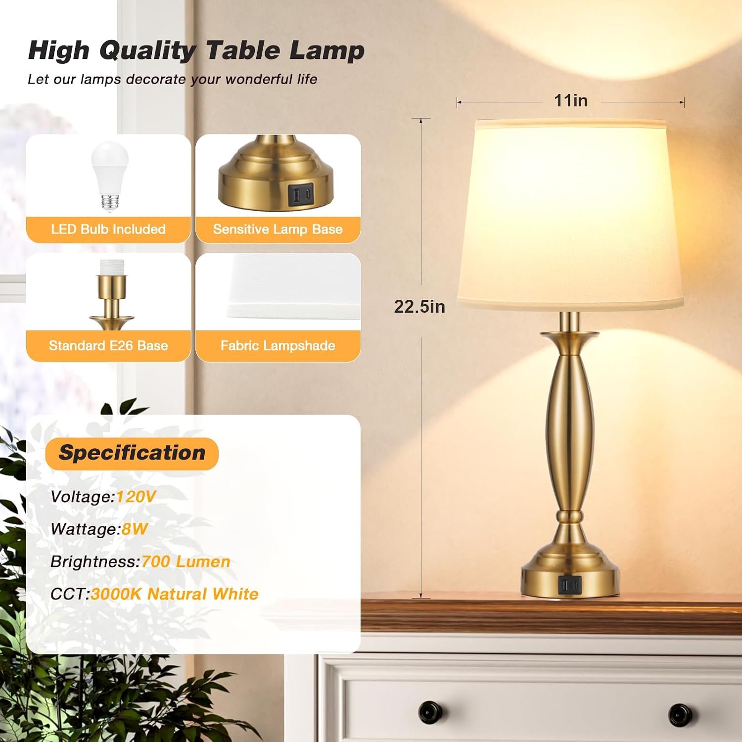 Seealle White Gold Lamps for Bedrooms Set of 2 - Touch Control Bedside Lamp with USB C+A, 3 Way Dimmable Nightstand Lamps with USB Port…