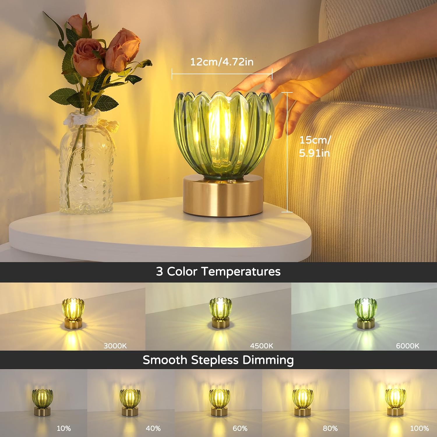 Shenmoyl Cordless Small Table Lamp with 5200mAh Battery & Touch Control, Battery Operated Tulip Table Lamp with 3 Colors, Rechargeable…