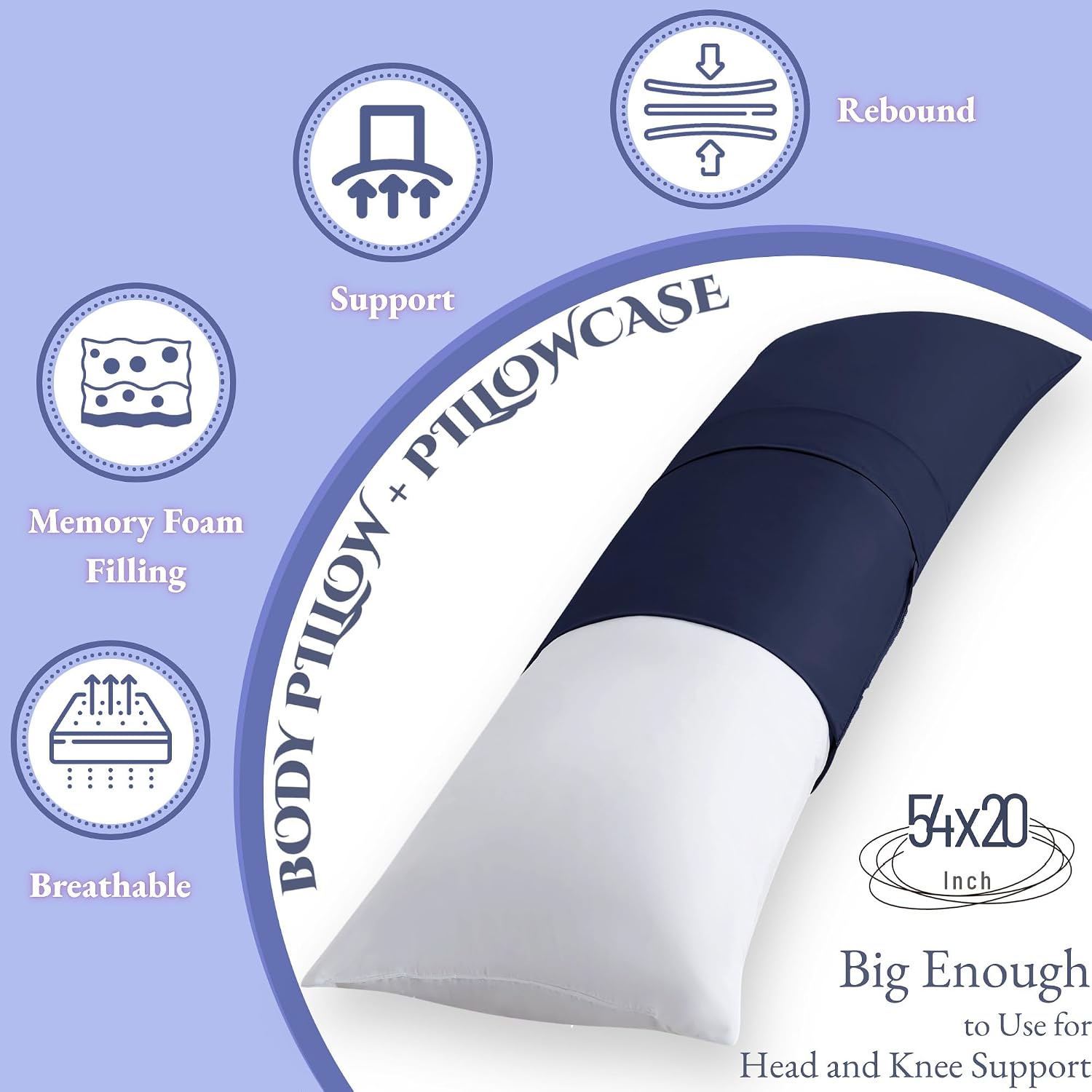 Ubauba Memory Foam Body Pillow with Cover, Full Large Body Pillows Insert for Adults with Envelope Closure Pillowcase, Firm & Fluffy Long…