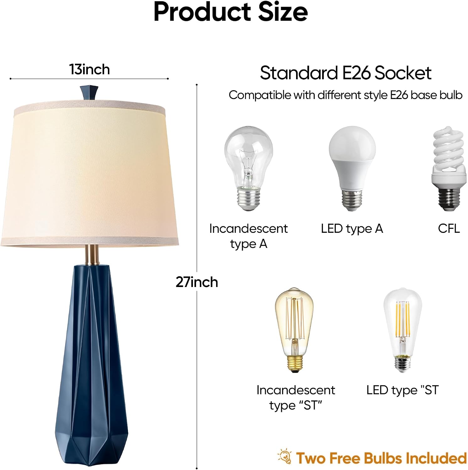 WIHTU 3 Color Temperature Table Lamps Set of 2, 27'' Navy Blue Modern Table Lamp for Living Room, Beside Lamp with Linen Shade, Resin…