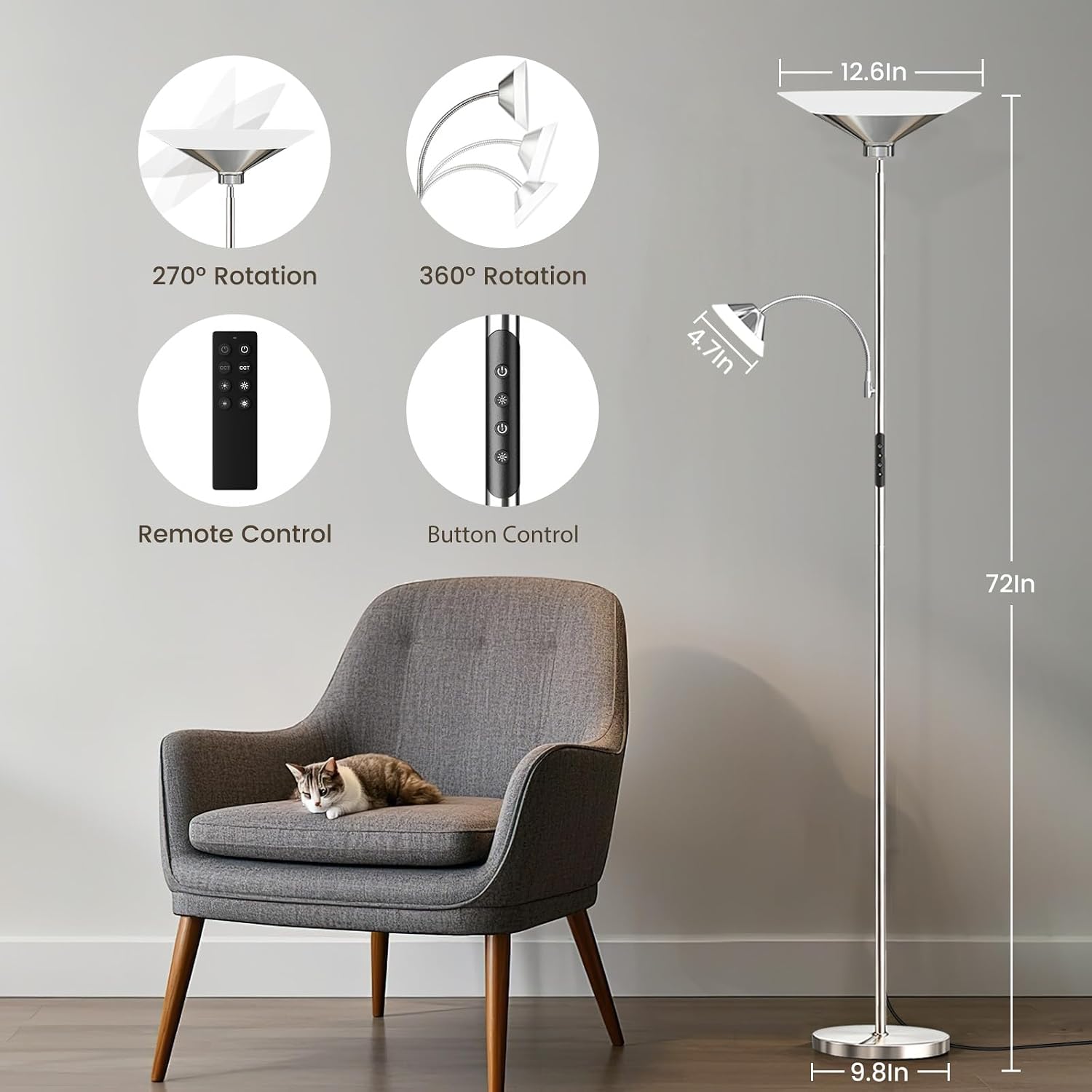 SIBRILLE Metallic Sliver Torchiere Floor Lamp, 2 Way 72'' Dimmable LED Standing lamp with Rmote, Multi Color Temps, 34W Tall Light with…