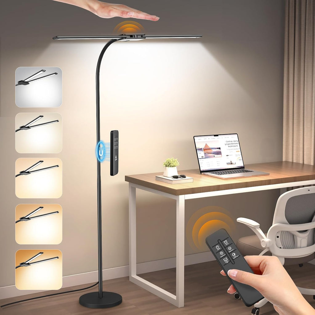 Syrinx LED Floor Lamp, 18W 2000LM Bright Reading Floor Lamp for Office, Gesture & Remote Control, Dual Head Goose-Neck Standing Lamp…