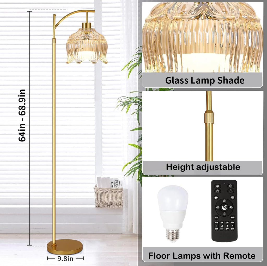 QIYIZM Flower Floor Lamp for Living Room, Bedroom, Gold Dimmable Standing Lamp with Remote, Glass Mid Century Modern Brass Tall Lamp Boho…