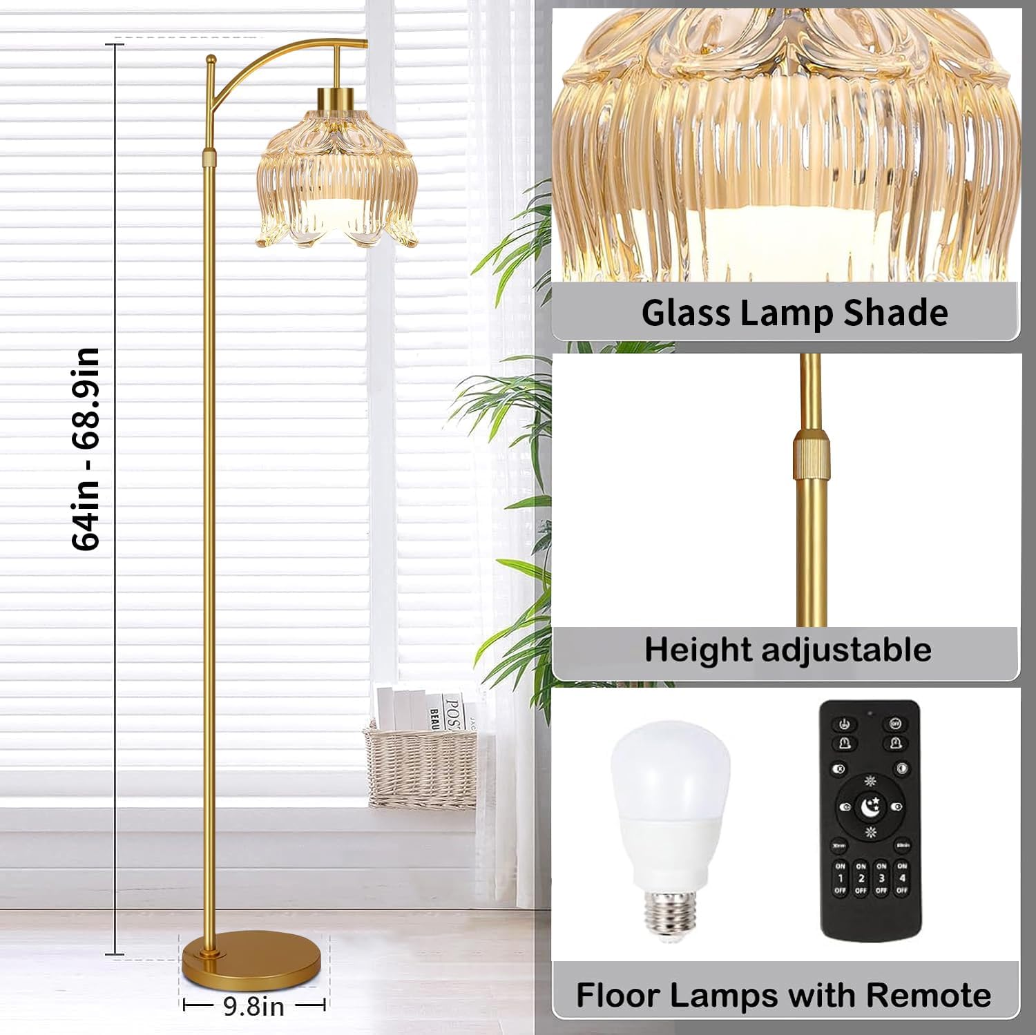 QIYIZM Flower Floor Lamp for Living Room, Bedroom, Gold Dimmable Standing Lamp with Remote, Glass Mid Century Modern Brass Tall Lamp Boho…
