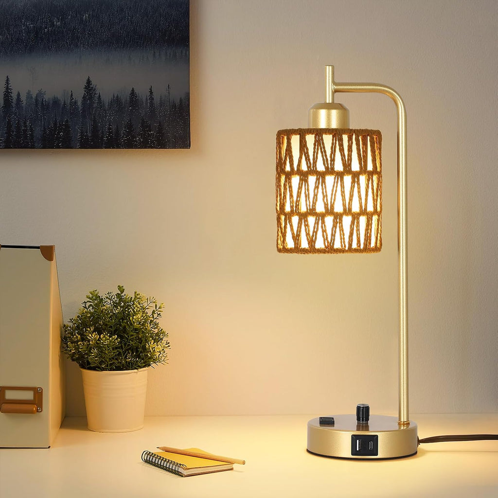 Gold Lamp for Bedroom, Boho Rattan Table Lamps Set of 2 with LED Bulbs, Bedside Lamps for Night Stands with Wicker Shade, USB Port and…