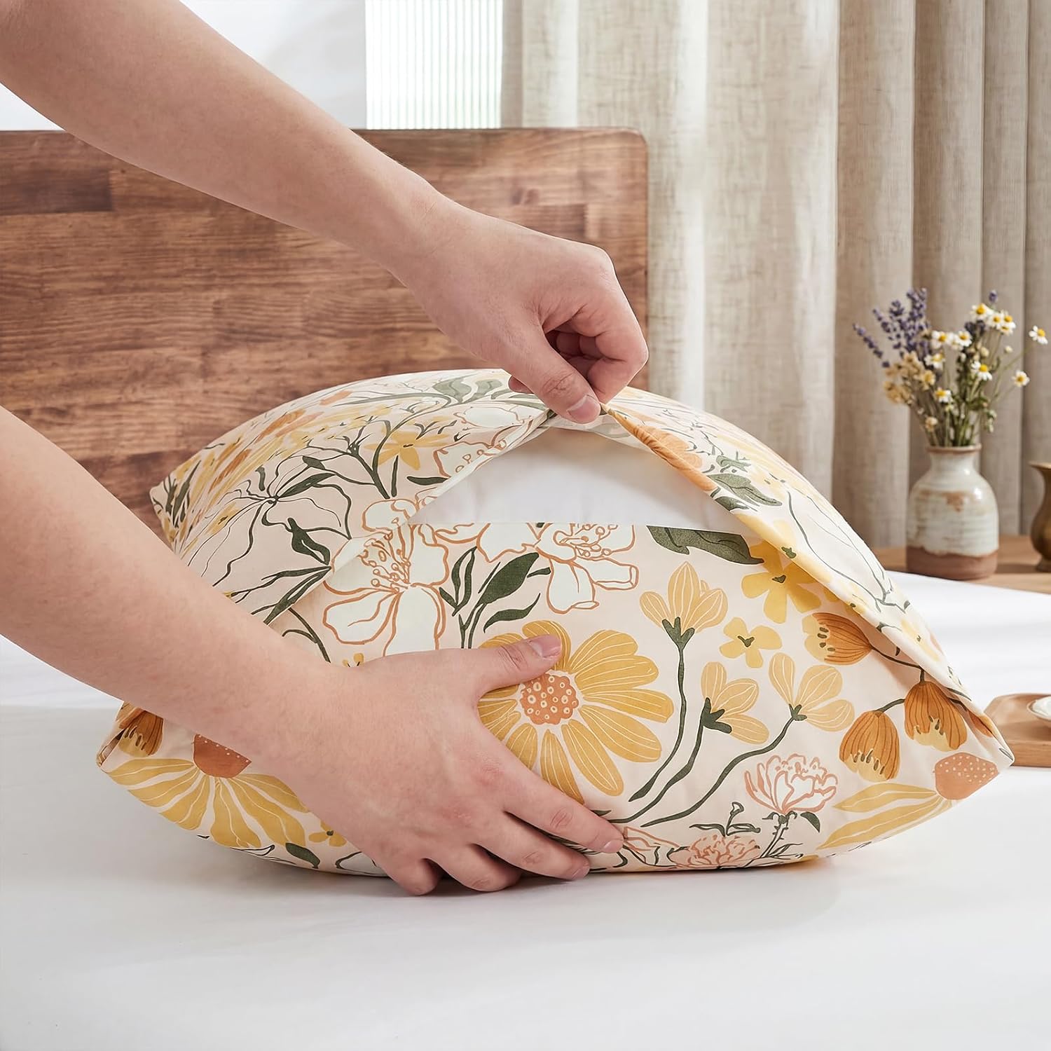 Bedorm 100% Cotton Pillowcases Set of 2 King Size Pillow Cover Yellow Floral Botanical Pillow Cases Soft & Breathable Pillowcases with Pock…