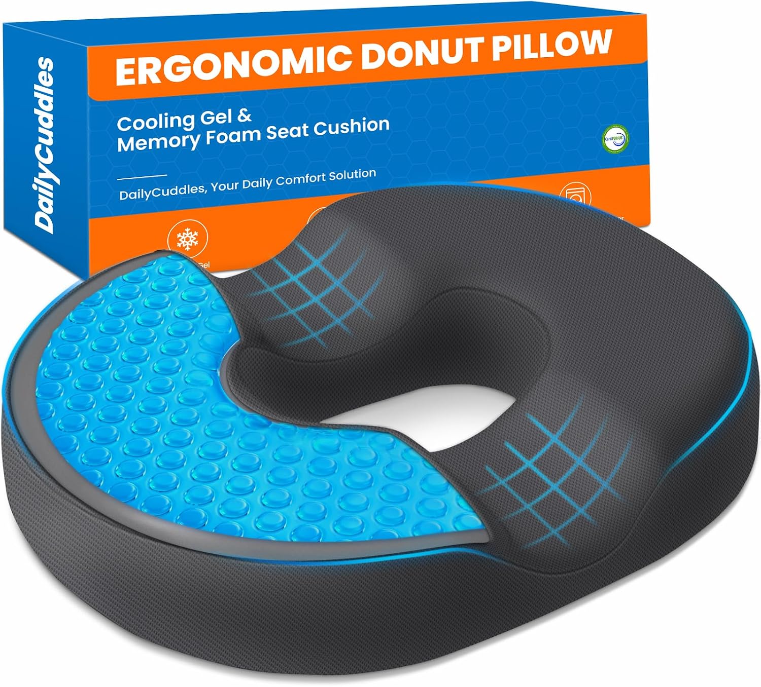 DailyCuddles Donut Pillow for Tailbone Pain, Hemorrhoids - Cooling Gel Memory Foam Chair Seat Cushion for Office, Home & Wheelchair,…