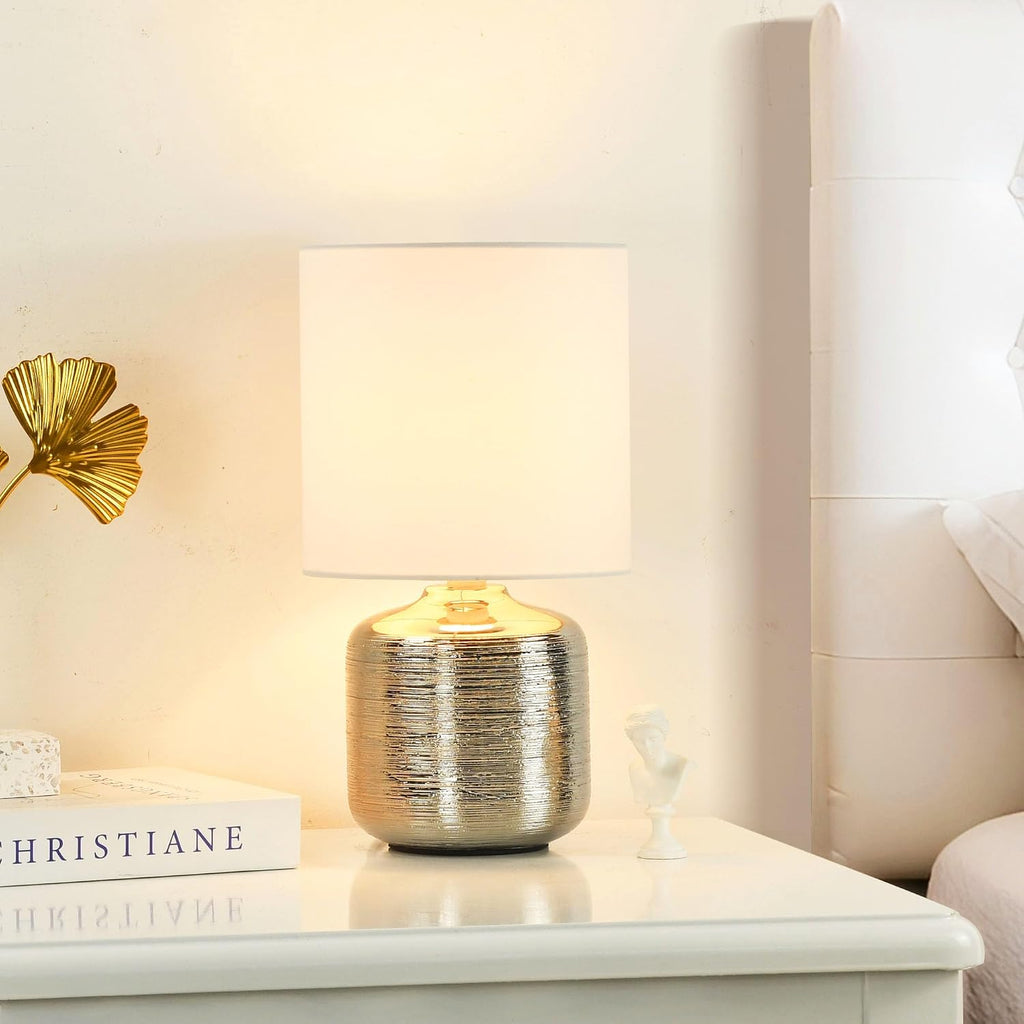 Beno Small Table Lamp, Modern Ceramic Base, Off White Fabric Shade, Bedside Lamp for Bedroom, Living Room, Kids Room, 11.81 Inch Height…