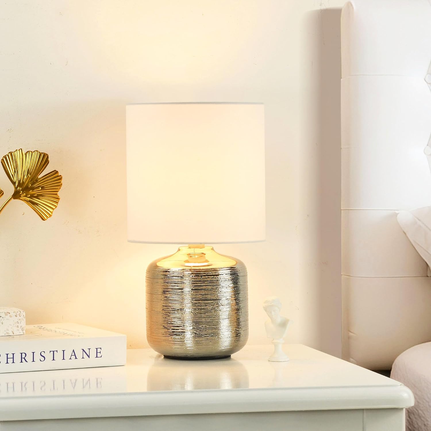 Beno Small Table Lamp, Modern Ceramic Base, Off White Fabric Shade, Bedside Lamp for Bedroom, Living Room, Kids Room, 11.81 Inch Height…