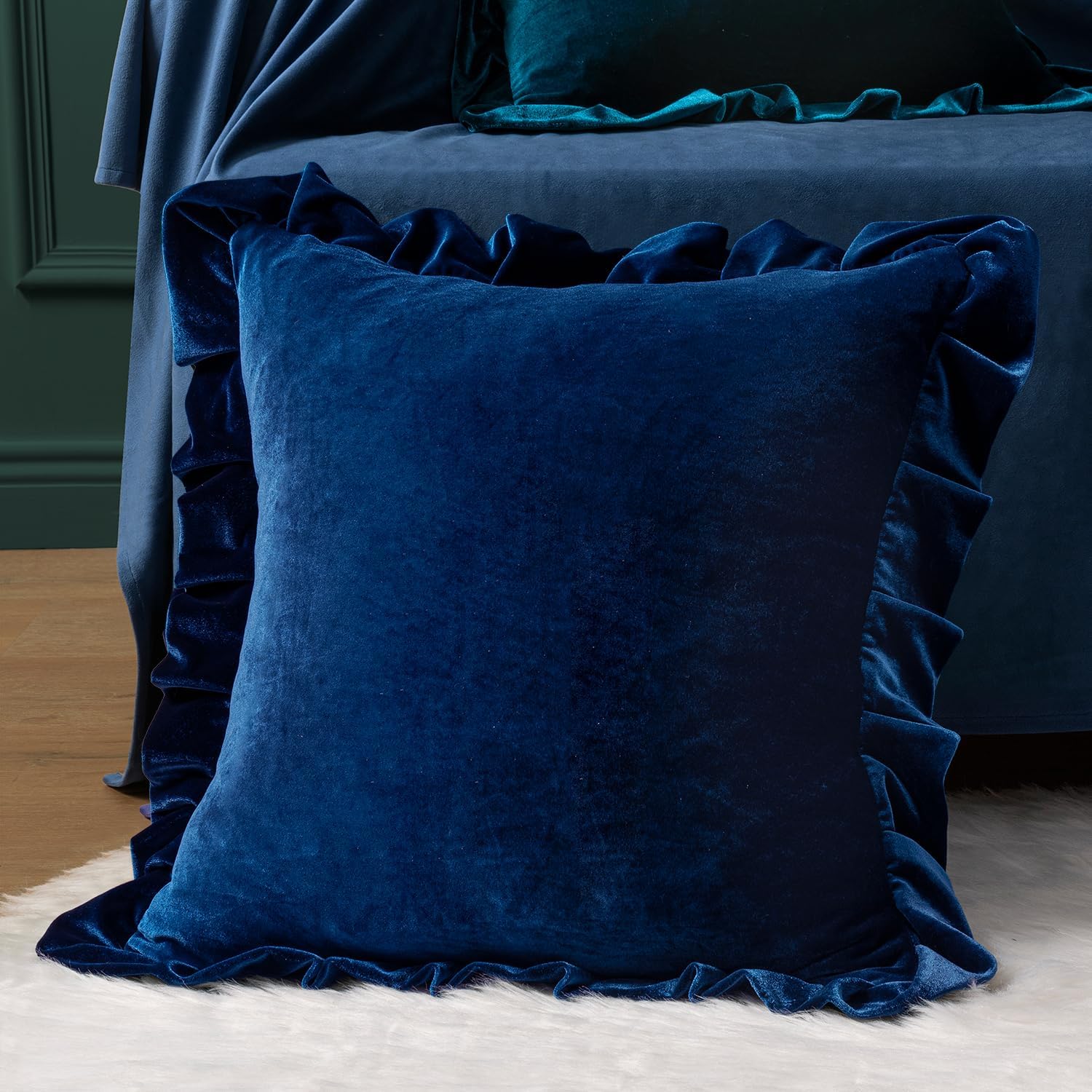 MIULEE Velvet Ruffle Throw Pillow Covers Soft Luxurious Navy Blue Pack of 2 20x20 Inch Square Cushions Vintage Gothic Decorative Ruffled…